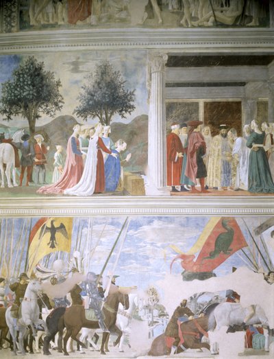 La Reine de Saba adorant le bois de la Vraie Croix, La Réception de la Reine de Saba par le Roi Salomon (c.1015-977) et La Bataille du Pont Milvius, de la légende du cycle de la Vraie Croix - Piero della Francesca